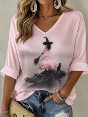 Women's Breast Cancer Awareness Halloween Witch Print T-Shirt