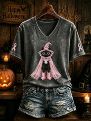 Women's Breast Cancer Awareness Halloween Cat Print T-shirt