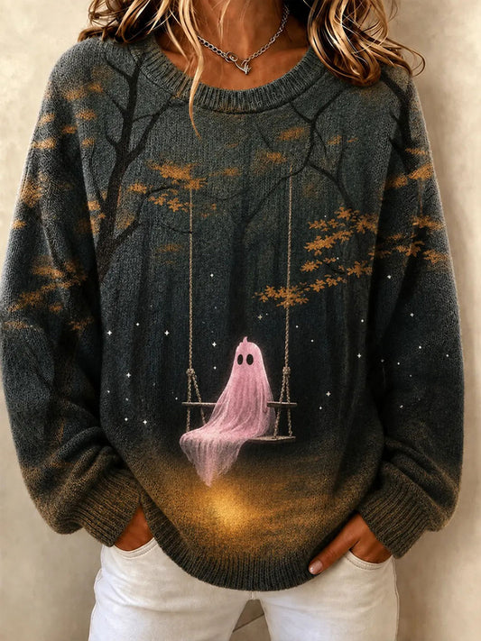 Women's Breast Cancer Awareness Halloween Ghost Print Sweater
