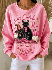 Women's "In October We Wear Pink" Breast Cancer Awareness Halloween Cat Print Waffle Sweatshirt