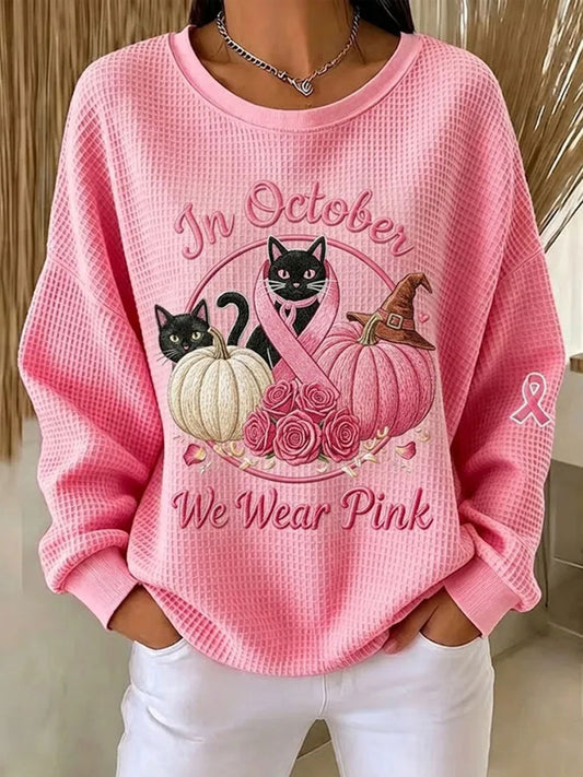 Women's "In October We Wear Pink" Breast Cancer Awareness Halloween Cat Print Waffle Sweatshirt