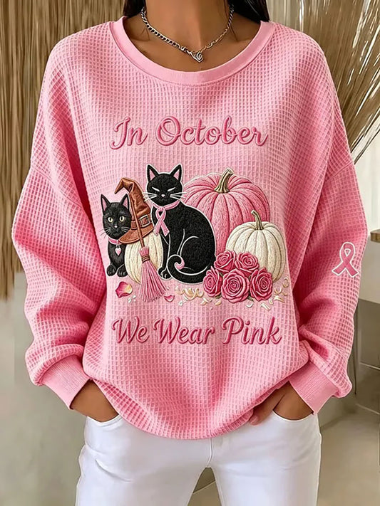 Women's "In October We Wear Pink" Breast Cancer Awareness Halloween Cat Print Waffle Sweatshirt