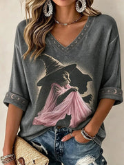 Women's Breast Cancer Awareness Halloween Cat Print T-Shirt