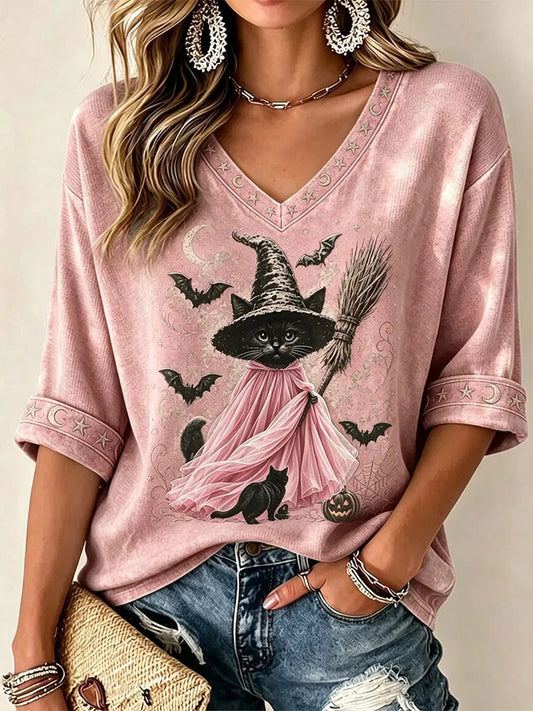 Women's Breast Cancer Awareness Halloween Cat Print T-Shirt
