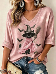 Women's Breast Cancer Awareness Halloween Cat Print T-Shirt