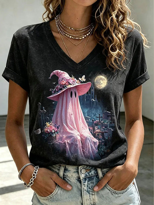 Women's Breast Cancer Awareness Halloween Ghost Print T-shirt