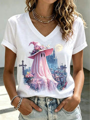 Women's Breast Cancer Awareness Halloween Ghost Print T-shirt