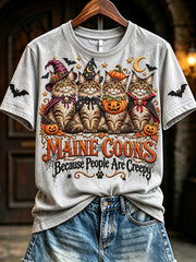 Women's Vintage Halloween Maine Coons Because People Are Creepy Print Short-sleeved T-shirt
