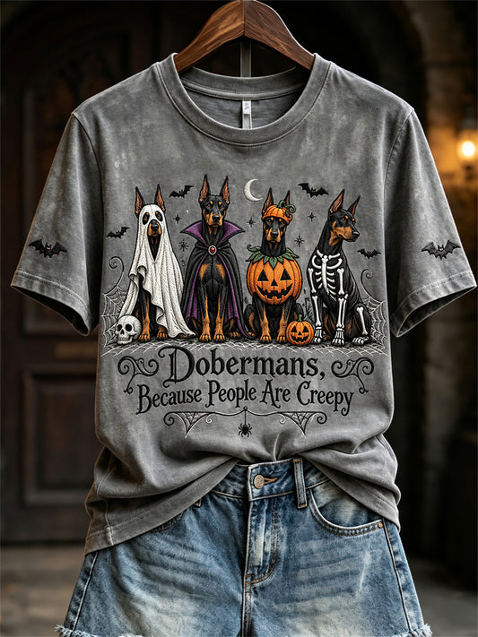 Women's Dobermans Because People Are Creepy Halloween Dogs Print short-sleeved T-shirt