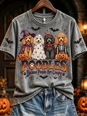 Women's Vintage Halloween Poodles Because People Are Creepy Print Short-sleeved T-shirt
