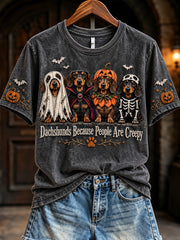 Women's Vintage Halloween Dachshunds Because People Are Creepy Print Short-sleeved T-shirt