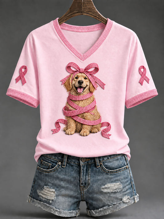 Women's Pink Ribbon Golden Retriever Print Casual T-Shirt