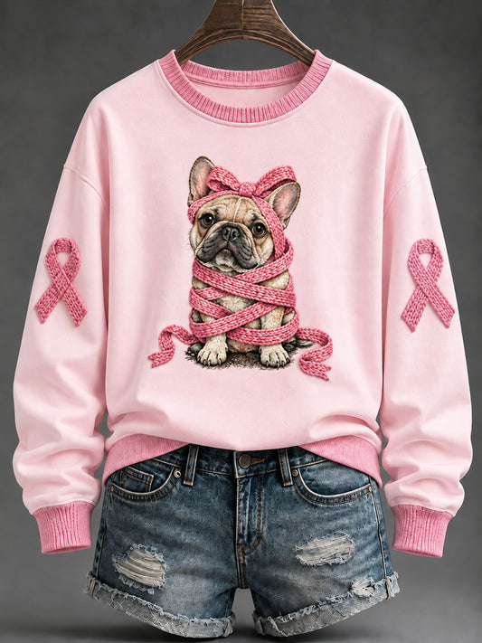Women's Pink Ribbon French Bulldog Print Casual Regular Sweatshirt