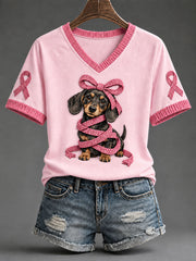 Women's Pink Ribbon Dachshund Print Casual T-Shirt