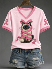 Women's Pink Ribbon Siamese Cat Print Casual T-Shirt