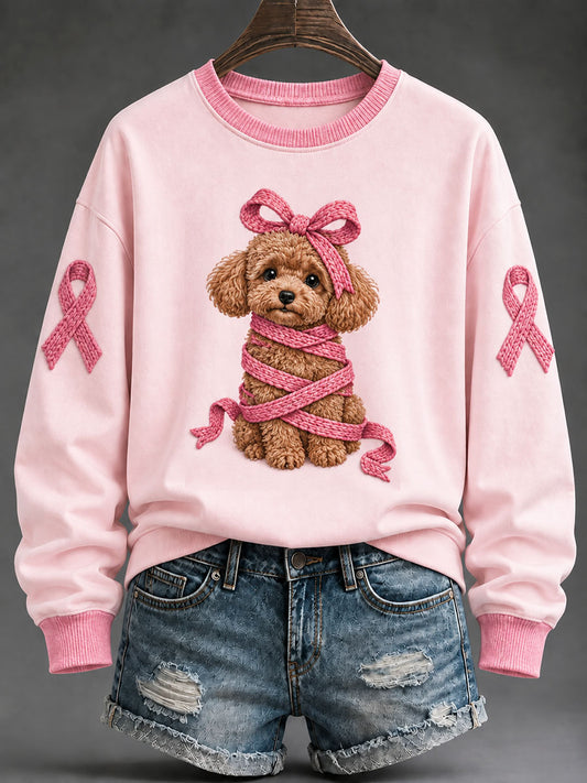 Women's Pink Ribbon Poodle Print Casual Regular Sweatshirt