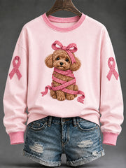Women's Pink Ribbon Poodle Print Casual Regular Sweatshirt