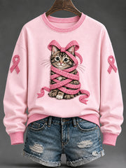 Women's Pink Ribbon Tabby Cat Print Casual Regular Sweatshirt