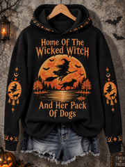 Women's Funny Halloween Home Of The Wicked Witch And Her Pack Of Dogs Print Casual Hoodie