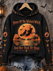 Women's Funny Halloween Home Of The Wicked Witch And Her Pack Of Dogs Print Casual Hoodie