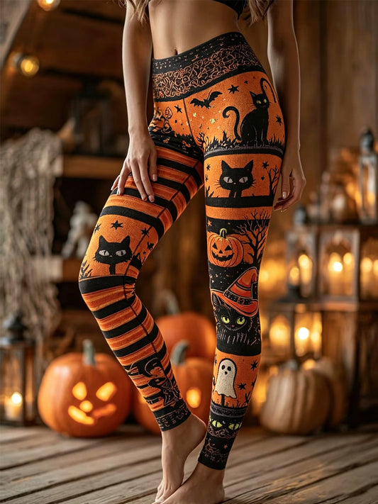 Women's Halloween Black Cat Print Leggings