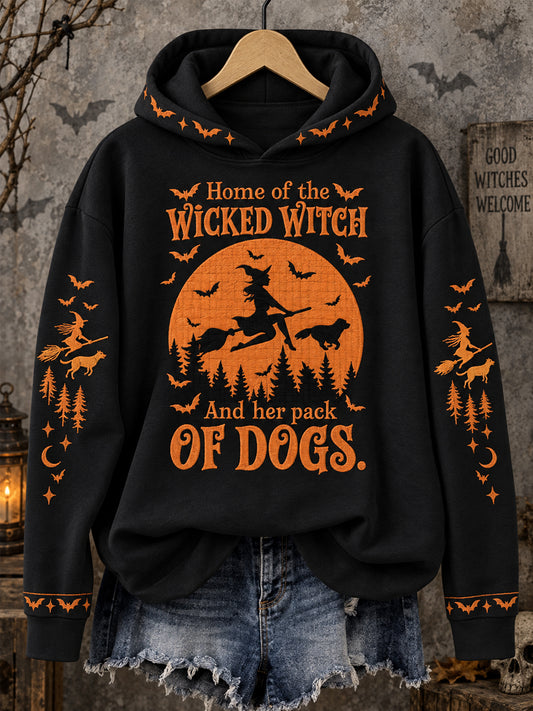 Women's Funny Halloween Home Of The Wicked Witch And Her Pack Of Dogs Print Casual Hoodie