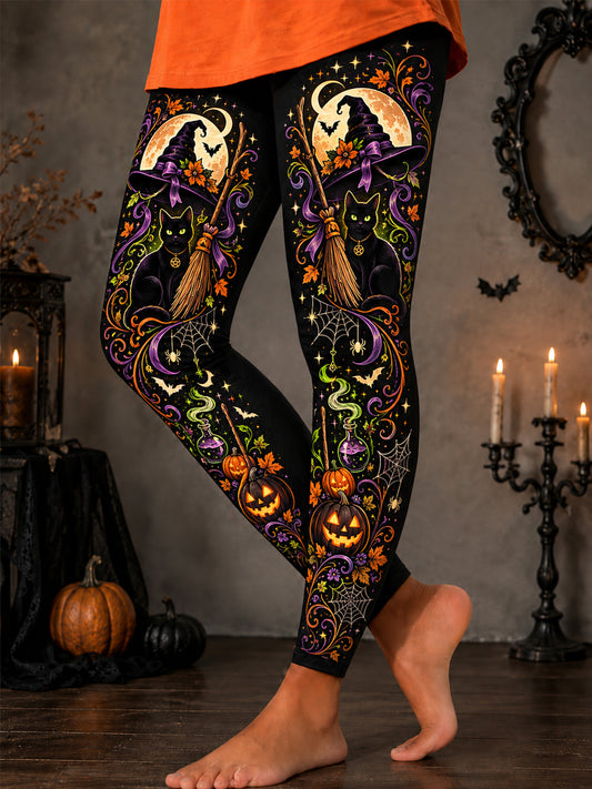 Women's Halloween Black Cat Witch Hat Print Leggings