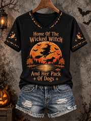 Women's Funny Halloween Home Of The Wicked Witch And Her Pack Of Dogs Print Casual V-Neck Tee
