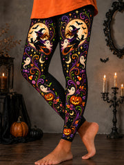 Women's Halloween Witch Blcak Cat And Ghost Print Leggings