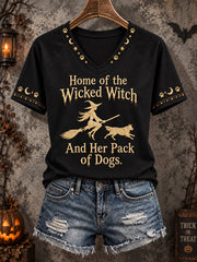 Women's Funny Halloween Home Of The Wicked Witch And Her Pack Of Dogs Print Casual V-Neck Tee