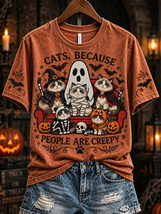 Women's Halloween Cat Pattern Design Casual  Short-Sleeved T-shirt