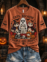 Women's Halloween Cat Pattern Design Casual  Short-Sleeved T-shirt