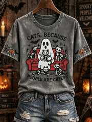 Women's Halloween Cat Pattern Design Casual  Short-Sleeved T-shirt