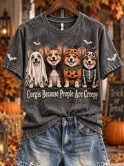 Women's Corgis Because People Are Creepy Halloween Print Short-sleeved T-shirt