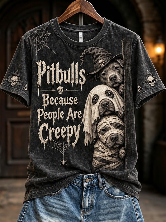 Women's Pitbulls Because People Are Creepy Halloween Print Short-sleeved T-shirt