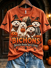 Women's Bichons Because People Are Creepy Halloween Print Short-sleeved T-shirt