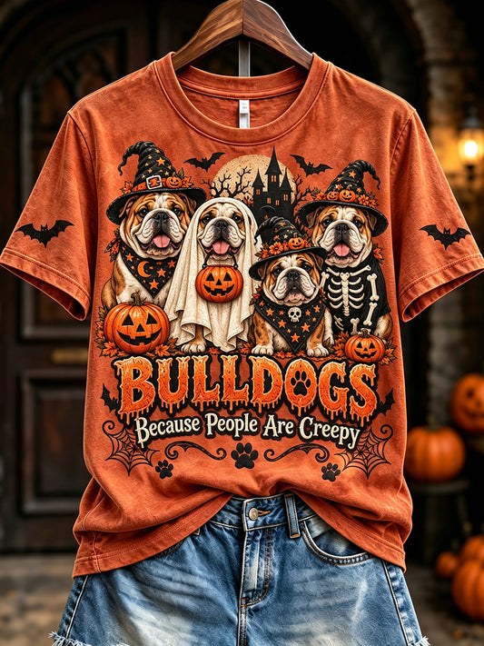 Women's Bulldogs Because People Are Creepy Halloween Print Short-sleeved T-shirt