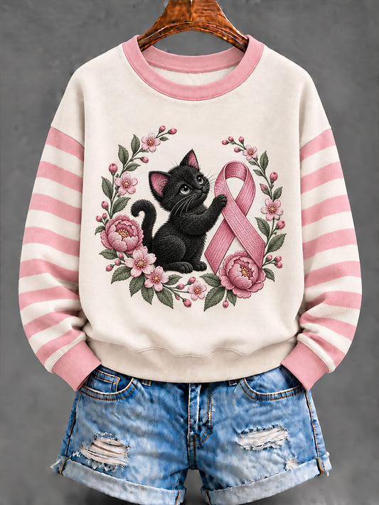 Women's Pink Ribbon Black Cat  Regular Sweatshirt