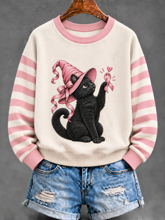 Women's Pink Ribbon Black Cat  Regular Sweatshirt