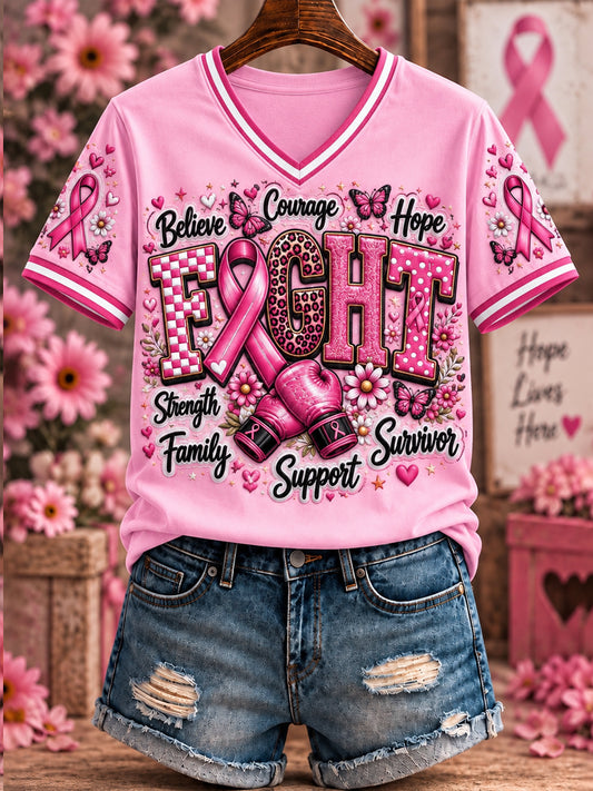 Women's Breast Cancer Pink Printed V-neck T-shirt