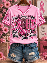 Women's Breast Cancer Pink Printed V-neck T-shirt