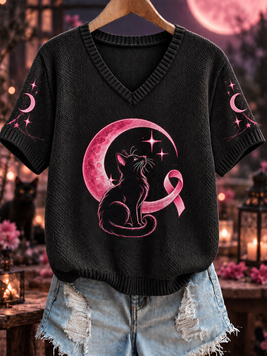 Women's Breast Cancer Pink V-Neck Comfortable Knit Sweater