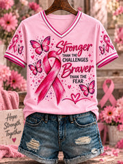 Women's Breast Cancer Pink Printed V-neck T-shirt