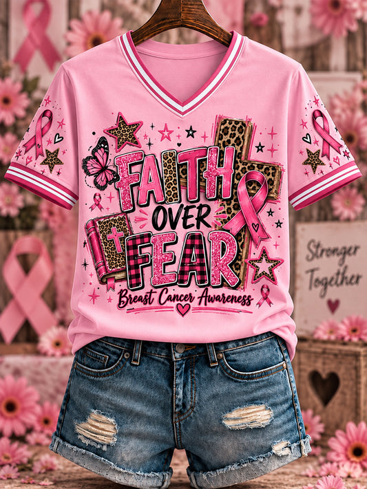 Women's Breast Cancer Pink Printed V-neck T-shirt
