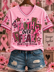 Women's Breast Cancer Pink Printed V-neck T-shirt