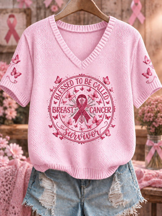 Women's Breast Cancer Pink V-Neck Comfortable Knit Sweater