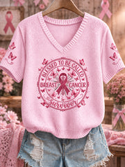 Women's Breast Cancer Pink V-Neck Comfortable Knit Sweater