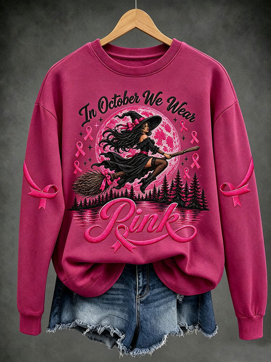 Women's In October We Wear Pink Witch Print Regular Sweatshirt