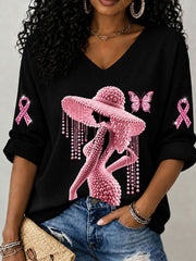 Women's Breast Cancer Awareness Print Mid-length Sleeves V-Neck T-Shirt