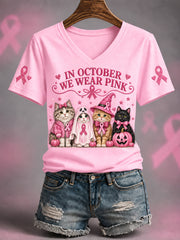 Women's In October We Wear Pink Halloween Pink Cats Print Breast Cancer Awareness Support V-Neck Tee